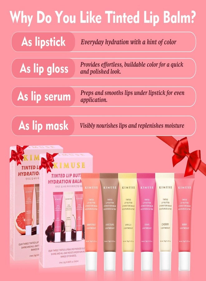 KIMUSE 6 Pcs Tinted Lip Butter Hydration Balm Set, 6 Flavored Shades Hydrating Plumping Gloss with Hyaluronic Acid & Vitamin E, Sheer Tint, Non-Sticky | Vegan Lip Care Makeup for Dry Lips & Daily - Image 4